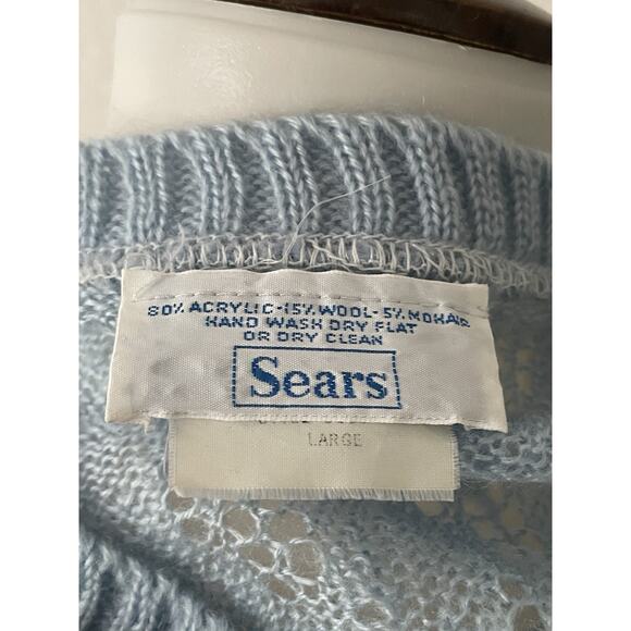 Sears Sweater Vest Pullover V Neck Pointelle Stretch Knit Blue Vintage - Picture 10 of 10